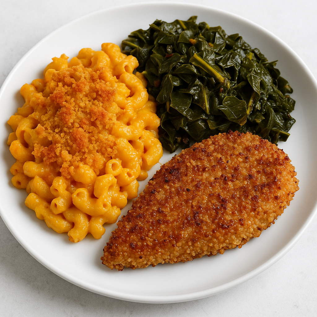 BAKED VEGAN MAC & CHEESE, BRAISED COLLARD GREENS, QUINOA BREADED CHICKEN