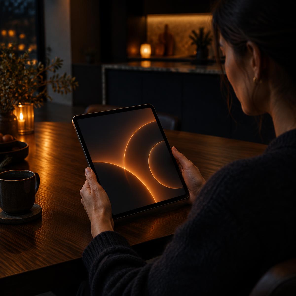 Person holding a tablet displaying abstract orange rings