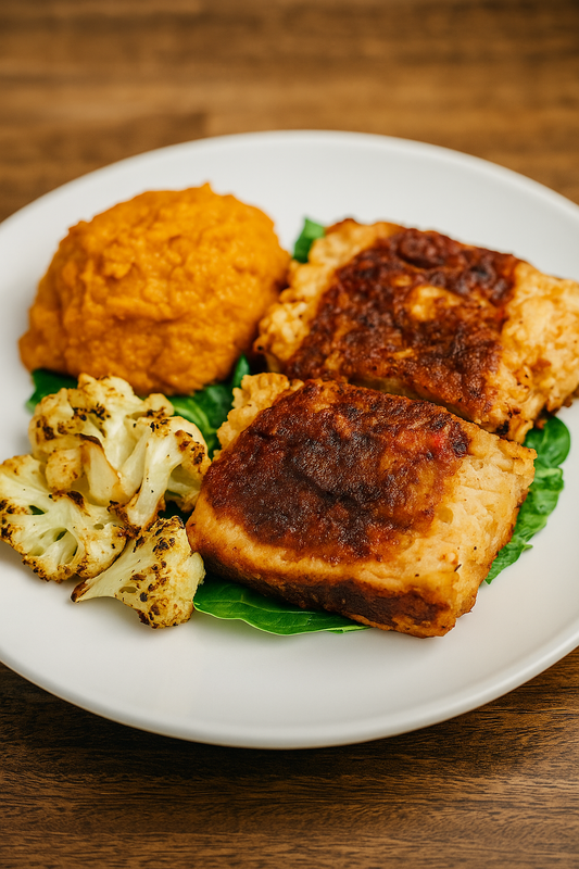 CREOLE MEATLOAF RECIPE WITH SWEET POTATO MASHED AND ROASTED CAULIFLOWER